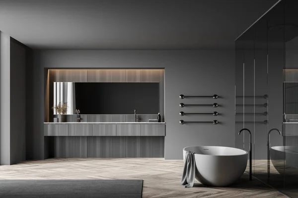 Interior Stylish Bathroom Gray Wooden Walls Wooden Floor Comfortable Bathtub — Stock Photo, Image