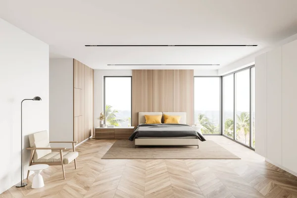Interieur Van Moderne Master Bedroom Met Witte Houten Muren Houten — Stockfoto