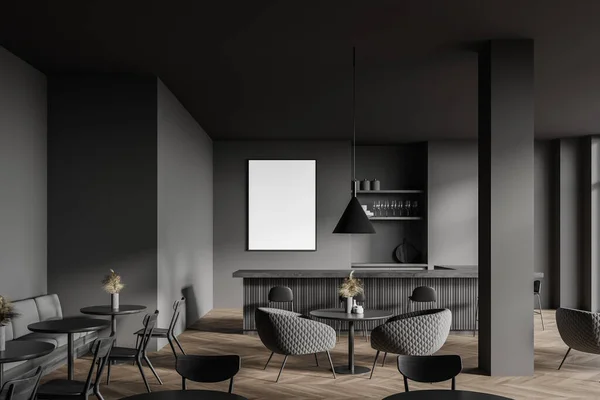 Interior of modern loft style pub with dark gray walls, wooden floor, massive bar counter with stools and round tables with armchairs. Vertical mock up poster. 3d rendering