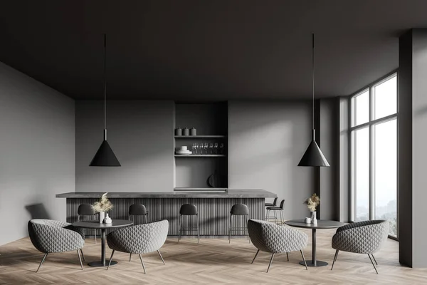 Interior of modern loft style pub with dark gray walls, wooden floor, massive bar counter with stools and round tables with armchairs. Window with blurry mountain view. 3d rendering