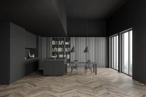 Interior Stylish Kitchen Gray Wooden Walls Wooden Floor Gray Countertops — Stock Photo, Image