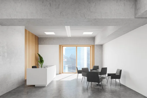 Interior Modern Office White Wooden Walls Concrete Floor White Reception — Stock Photo, Image