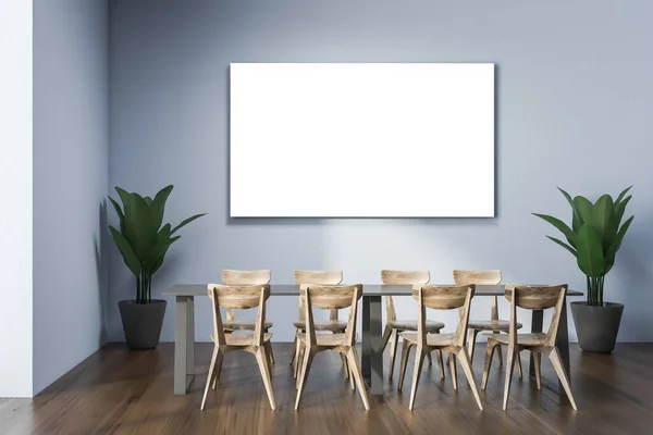 Interior Stylish Office Cafe Blue Walls Wooden Floor Gray Dining — Stock Photo, Image