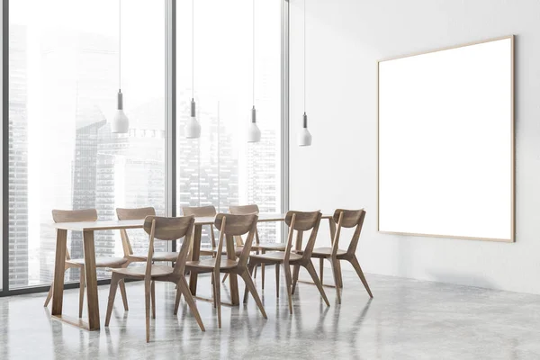 Ecke Eines Stilvollen Bürocafés Mit Weißen Wänden Betonboden Langem Esstisch — Stockfoto