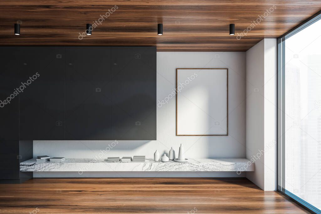 Interior of loft living room with white and black walls, wooden floor, marble bookshelf and panoramic window with blurry cityscape. Vertical mock up poster. 3d rendering
