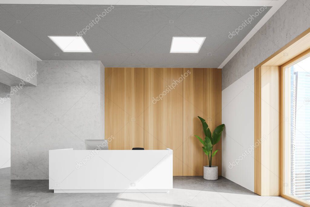 Interior of stylish office with white and wooden walls, concrete floor, comfortable white reception desk with computer and window with blurry cityscape. 3d rendering