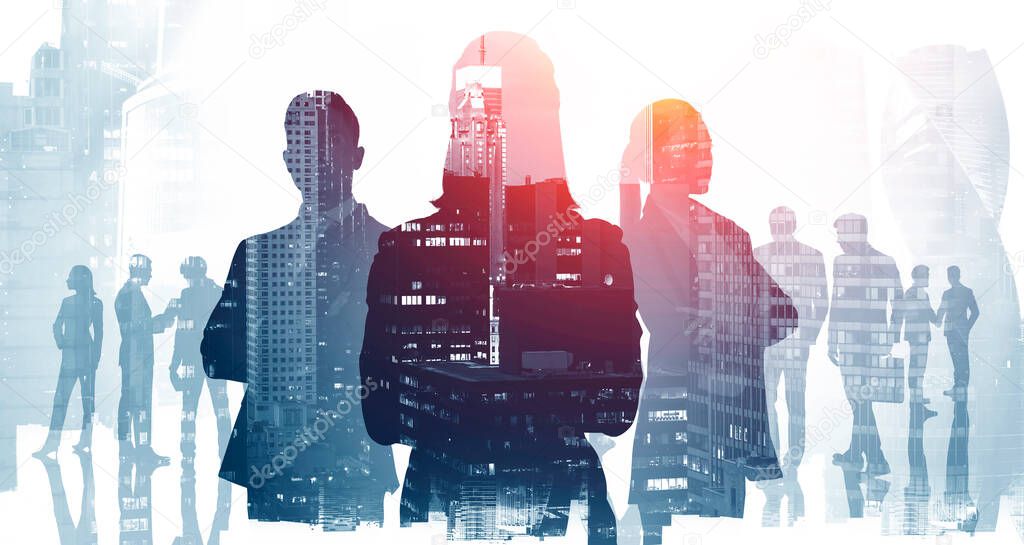Silhouettes of three confident managers standing together in blurry abstract city with double exposure of cityscape and their team. Concept of leadership and international business. Toned image