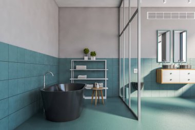 Mavi fayanslı ve gri duvarlı şık bir banyo, rahat bir küvet, iki aynalı ve tuvaletli iki lavabo. 3d oluşturma