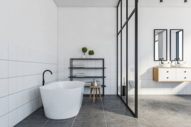 Modern banyo, beyaz fayanslı duvarlar, rahat banyo küveti, iki aynalı çift lavabo ve tuvalet. 3d oluşturma