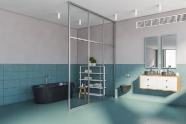 Mavi fayanslı ve gri duvarlı şık bir banyonun köşesi, rahat bir küvet, iki aynalı ve tuvaletli iki lavabo. 3d oluşturma