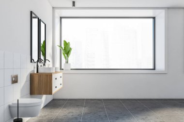 Modern banyo, beyaz fayanslı duvarlar, çift lavabo, iki ayna ve tuvalet. Bulanık şehir manzarası. 3d oluşturma