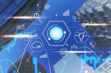 Bulanık şehir manzarası arka planında büyüleyici internet ve bulut hesaplama arayüzü. Büyük veri ve yüksek teknoloji kavramı. 3d rengarenk resim çift pozlama