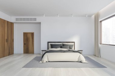 Beyaz duvarları, ahşap zemini, yuvarlak komodinli ve ahşap gardırobu olan modern yatak odasının içi. Bulanık şehir manzaralı bir pencere. 3d oluşturma
