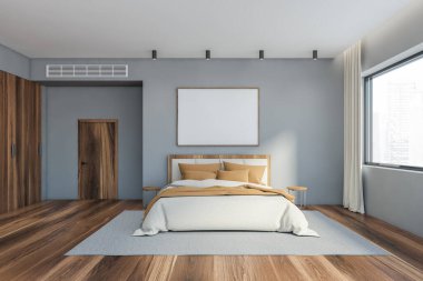 Gri duvarları, ahşap zemini, yuvarlak komodinli ve ahşap gardırobu olan şık yatak odasının içi. Bulanık şehir manzaralı ve posterli bir pencere. 3d oluşturma