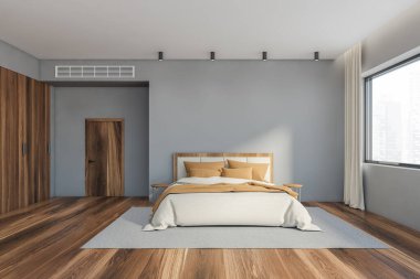 Gri duvarları, ahşap zemini, yuvarlak komodinli ve ahşap gardırobu olan şık yatak odasının içi. Bulanık şehir manzaralı bir pencere. 3d oluşturma