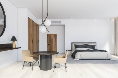 Beyaz duvarları, ahşap zemini, yuvarlak komodinli ve ahşap gardırobu olan modern yatak odasının içi. Bej koltuklu yuvarlak masa. 3d oluşturma