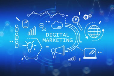 Bulanık parlak mavi arkaplan üzerinde büyüleyici HUD dijital pazarlama arayüzü. E- ticaret anlayışı. 3d rengarenk resim çift pozlama