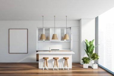 Beyaz duvarları, ahşap zemini, tahta tezgahları, beyaz dolapları ve tabureli barları olan modern panoramik mutfağın içi. Bulanık şehir manzaralı ve posterli bir pencere. 3d oluşturma