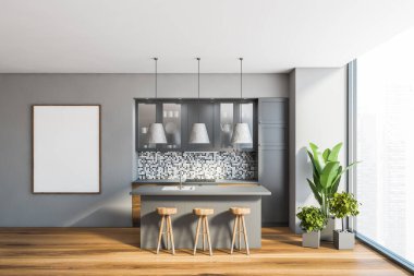 Gri ve fayanslı duvarları, ahşap zemini, ahşap tezgahları, gri dolapları ve tabureli barları olan şık panoramik mutfağın içi. Bulanık şehir manzaralı ve posterli bir pencere. 3d oluşturma