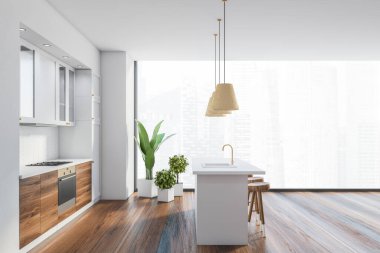 Beyaz duvarları, ahşap zemini, tahta tezgahları, beyaz dolapları ve tabureli barları olan modern panoramik mutfağın yan görüntüsü. Bulanık şehir manzaralı bir pencere. 3d oluşturma