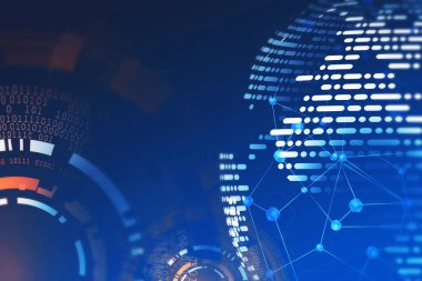 Bulanık mavi arkaplan üzerinde küresel ağ arayüzü ve gezegen hologramı. İnternet bağlantısı kavramı. 3d rengarenk resim çift pozlama
