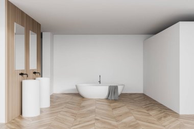 Modern banyo, beyaz ve ahşap duvarlar, ahşap zemin, rahat küvet ve aynalı çift lavabo. 3d oluşturma