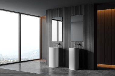 Gri ve koyu ahşap duvarlı panoramik banyonun köşesi, beton zemin, aynalı çift lavabo ve bulanık dağ manzaralı. 3d oluşturma