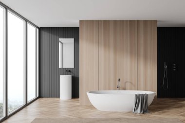Modern banyo, beyaz ve ahşap duvarlar, ahşap zemin, duş kabini, rahat küvet ve aynalı yuvarlak lavabo. Bulanık dağ manzarası. 3d oluşturma