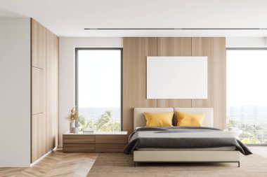 Beyaz ve ahşap duvarlı modern yatak odasının içi, ahşap zemin, sarı yastıklı rahat kral yatağı ve bulanık tropikal manzaralı pencereler. Posteri düzenle. 3d oluşturma