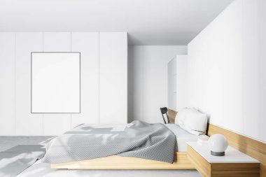 Beyaz duvarları, beton zemini, rahat kral yatağı ve dikey maket posteriyle ana yatak odasının yan görüntüsü. 3d oluşturma