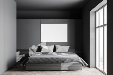 Gri duvarları, ahşap zemini, yatay maket posterleri ve bulanık manzarası olan minimalist büyük yatak odasının içi. 3d oluşturma