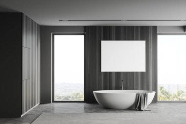 Gri ve ahşap duvarları olan şık panoramik banyolar, bulanık dağ manzaralı ve yatay maket posterli pencerenin yanında duran rahat küvetler. 3d oluşturma