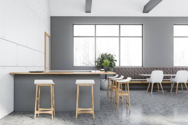 Beyaz ve gri duvarları, beton zemini, tabureli bar tezgahı ve kahverengi kanepeli beyaz masalar. Bulanık şehir manzarası. 3d oluşturma
