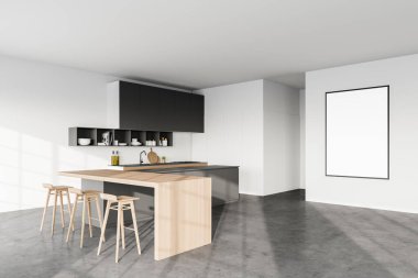 Modern mutfağın köşesinde beyaz duvarlar, beton zemin tabureler ve ahşap dolaplarla dolu bir bar. Posteri düzenle. 3d oluşturma