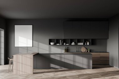 Gri duvarları, ahşap zemini, tabureleri ve ahşap dolapları olan şık bir mutfağın içi. Posteri düzenle. 3d oluşturma