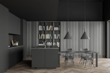 Gri ve ahşap duvarları, ahşap zemini, gri tezgahı, rahat adası, yemek masası ve kitaplığı olan şık bir mutfak. 3d oluşturma