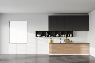 Beyaz duvarları, beton zemini, gri dolapları ve ahşap dolapları olan modern mutfak. Poster çerçevesini düzenle. 3d oluşturma