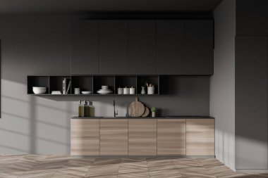 Gri duvarları, ahşap zemini, gri dolapları ve ahşap dolapları olan şık bir mutfak. 3d oluşturma