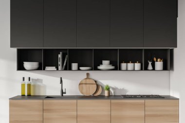 Beyaz duvarları, gri dolapları ve ahşap dolapları olan modern mutfağın içinde. 3d oluşturma