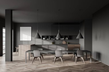 Gri duvarları, ahşap zemini, uzun gri yemek masası tabureleri ve ahşap dolapları olan şık bir mutfağın içi. Posteri düzenle. 3d oluşturma