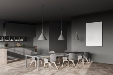 Gri duvarları, ahşap zemini, uzun gri yemek masası ve ahşap dolapları olan şık bir mutfağın köşesi. Poster çerçevesini düzenle. 3d oluşturma