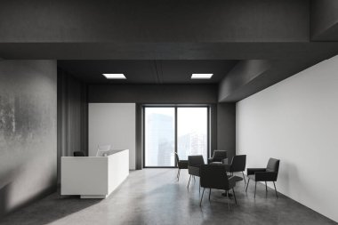 Beyaz, gri ve ahşap duvarları, beton zemini, beyaz resepsiyon masası ve koltuklu oturma odası olan modern ofis. Bulanık şehir manzaralı bir pencere. 3d oluşturma