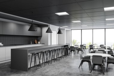 Beyaz duvarlı panoramik barın köşesi, beton zemin, gri sandalyeli rahat masalar ve tabureli uzun bar tezgahı. Bulanık tropikal manzaralı bir pencere. 3d oluşturma