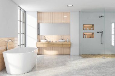 Bej kaplamalı ve gri duvarlı şık bir banyo, beton zemin, rahat bir küvet, yatay aynalı çift lavabo ve duş kabini. 3d oluşturma