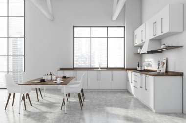Beyaz tuğlalı duvarları, beton zemini, beyaz tezgahları ve beyaz sandalyeli yemek masası olan modern mutfağın önü. Bulanık şehir manzaralı bir pencere. 3d oluşturma