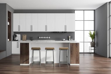 Gri tuğladan duvarları, ahşap zemini, beyaz dolapları, tabureleri ve beyaz dolapları olan şık bir mutfağın içi. Merdivenler ve bulanık şehir manzarası. 3d oluşturma
