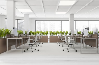 Beyaz duvarlı, halı döşeli, metal sandalyeli ve kahverengi çiçekli bilgisayar masalarının yan manzarası. Bulanık şehir manzaralı bir pencere. 3d oluşturma