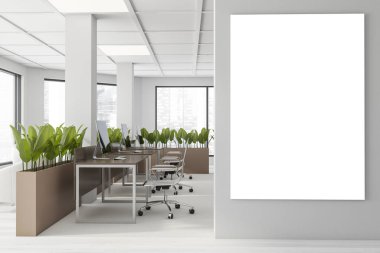 Interior of loft open space office with white walls, carpeted floor, rows of computer tables brown flower beds. Window with blurry cityscape and vertical mock up poster. 3d rendering clipart