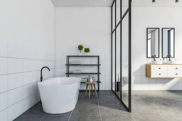 Interno Bagno Moderno Con Pareti Piastrellate Bianche Comoda Vasca Bagno — Foto Stock