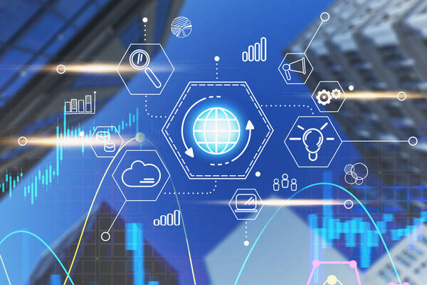 Интернетом и облачными вычислениями на фоне размытого городского пейзажа. Концепция больших данных и высоких технологий. 3D рендеринг тонированного изображения